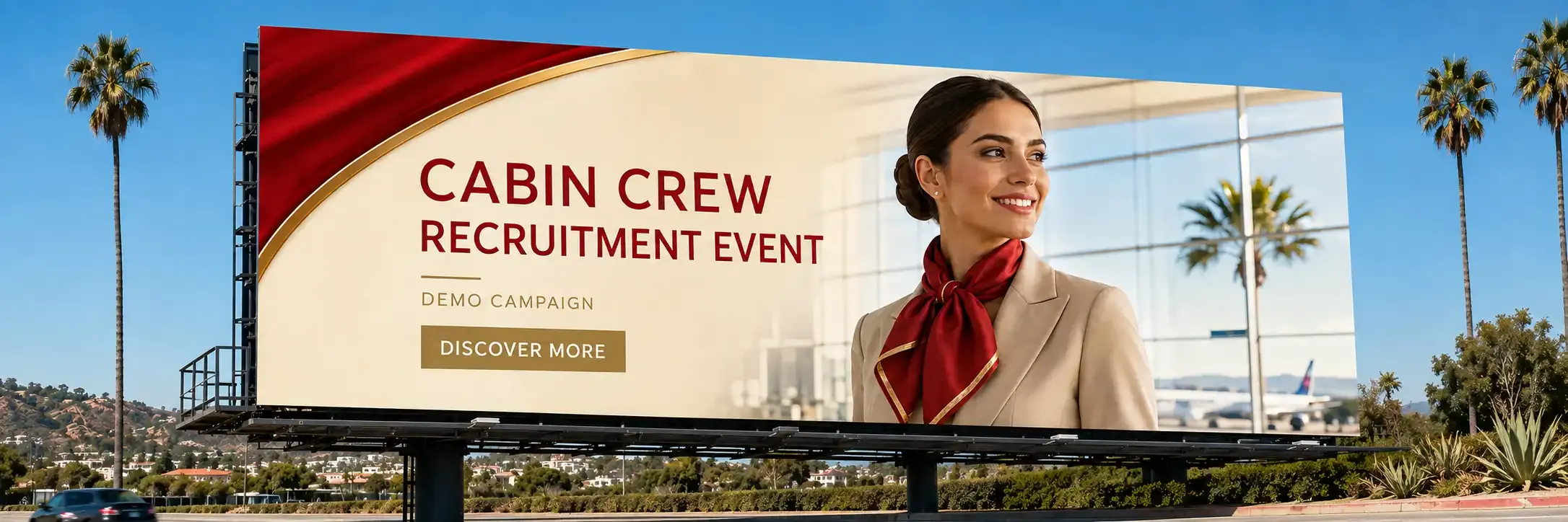 Outdoor de publicidade display para companhias aéreas: Emirates Cabin Crew Open Day, Etihad Recruitment Event, Qatar Airways recruitment event, LATAM comissário de voo seleção, Azul comissário de voo seleção e banners patrocinados para companhias aéreas.