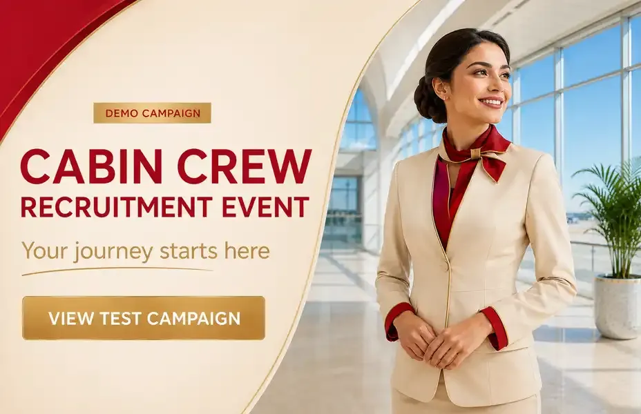 Jobs filter box banners patrocinados para companhias aéreas: Emirates Cabin Crew Open Day, Etihad Recruitment Event, Qatar Airways recruitment event, LATAM comissário de voo seleção e Azul comissário de voo seleção.