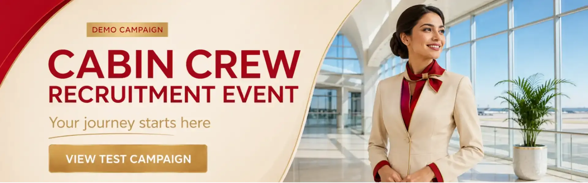 Gigaboard banners patrocinados para companhias aéreas: Emirates Cabin Crew Open Day, Etihad Recruitment Event, Qatar Airways recruitment event, LATAM comissário de voo seleção e Azul comissário de voo seleção.