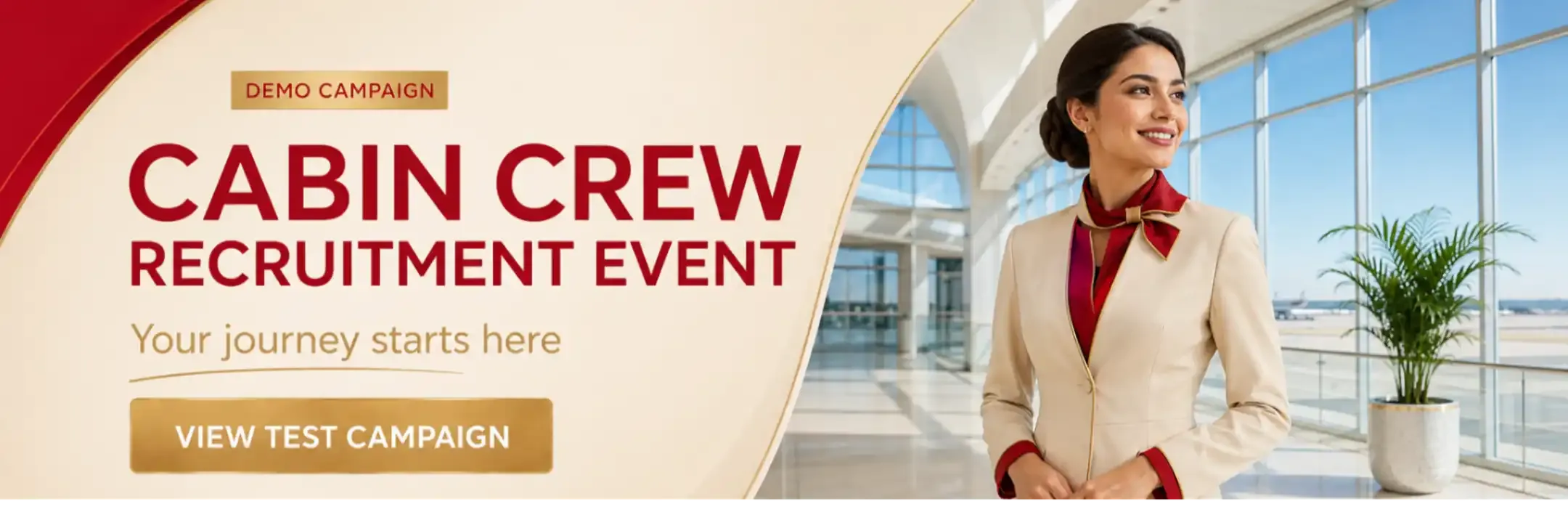 Homepage Megaboard banners patrocinados para companhias aéreas: Emirates Cabin Crew Open Day, Etihad Recruitment Event, Qatar Airways recruitment event, LATAM comissário de voo seleção e Azul comissário de voo seleção.