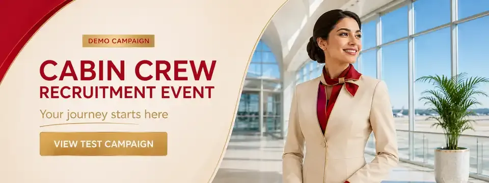 Mobileboard banners patrocinados para companhias aéreas: Emirates Cabin Crew Open Day, Etihad Recruitment Event, Qatar Airways recruitment event, LATAM comissário de voo seleção e Azul comissário de voo seleção.